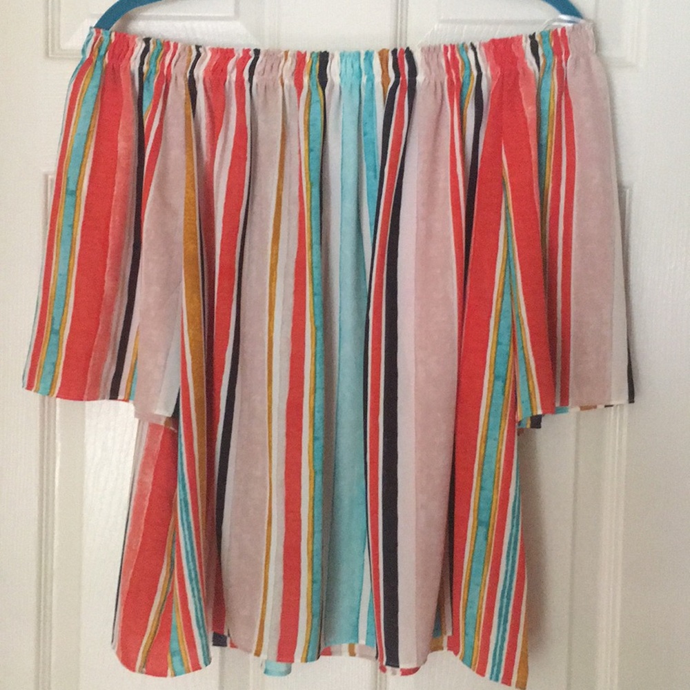 CORAL STRIPED OFF THR SHOULDER TOP